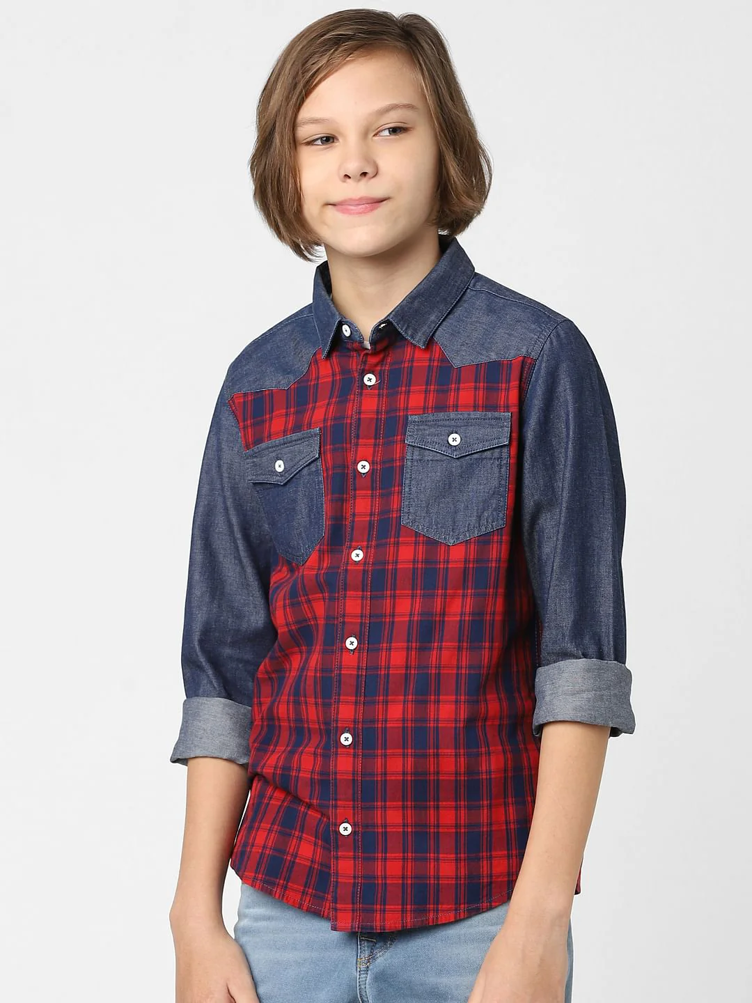 Boys Red Check Full Sleeves Shirt - Image 2