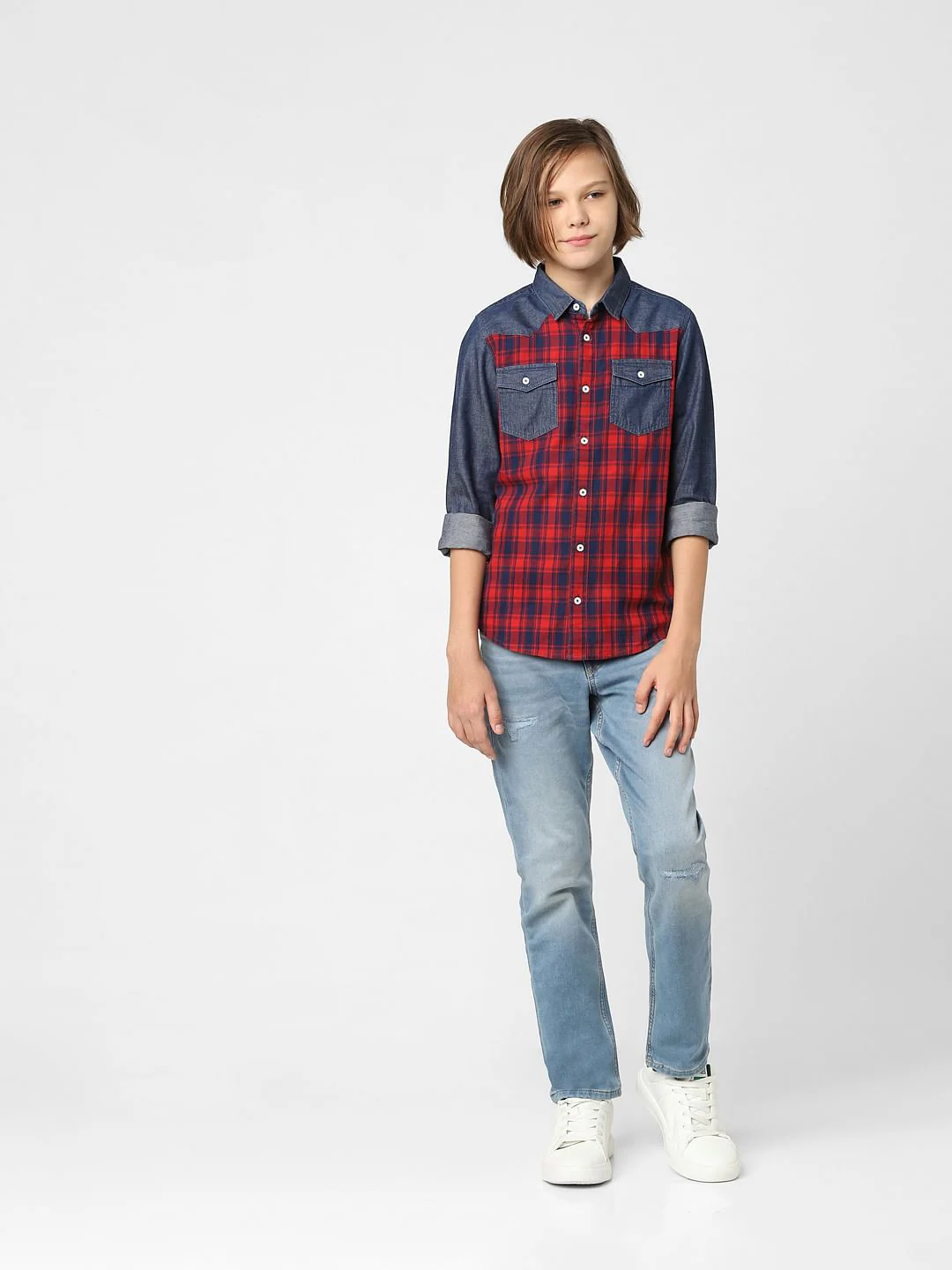 Boys Red Check Full Sleeves Shirt - Image 6