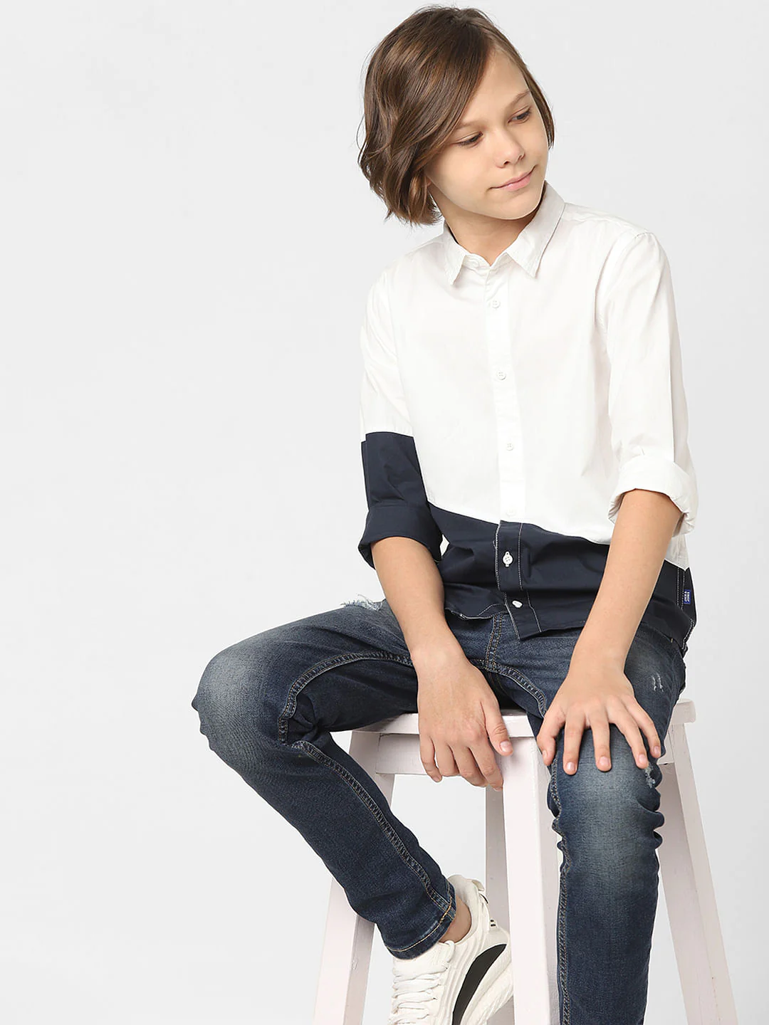 Boys White Colourblocked Full Sleeves Shirt