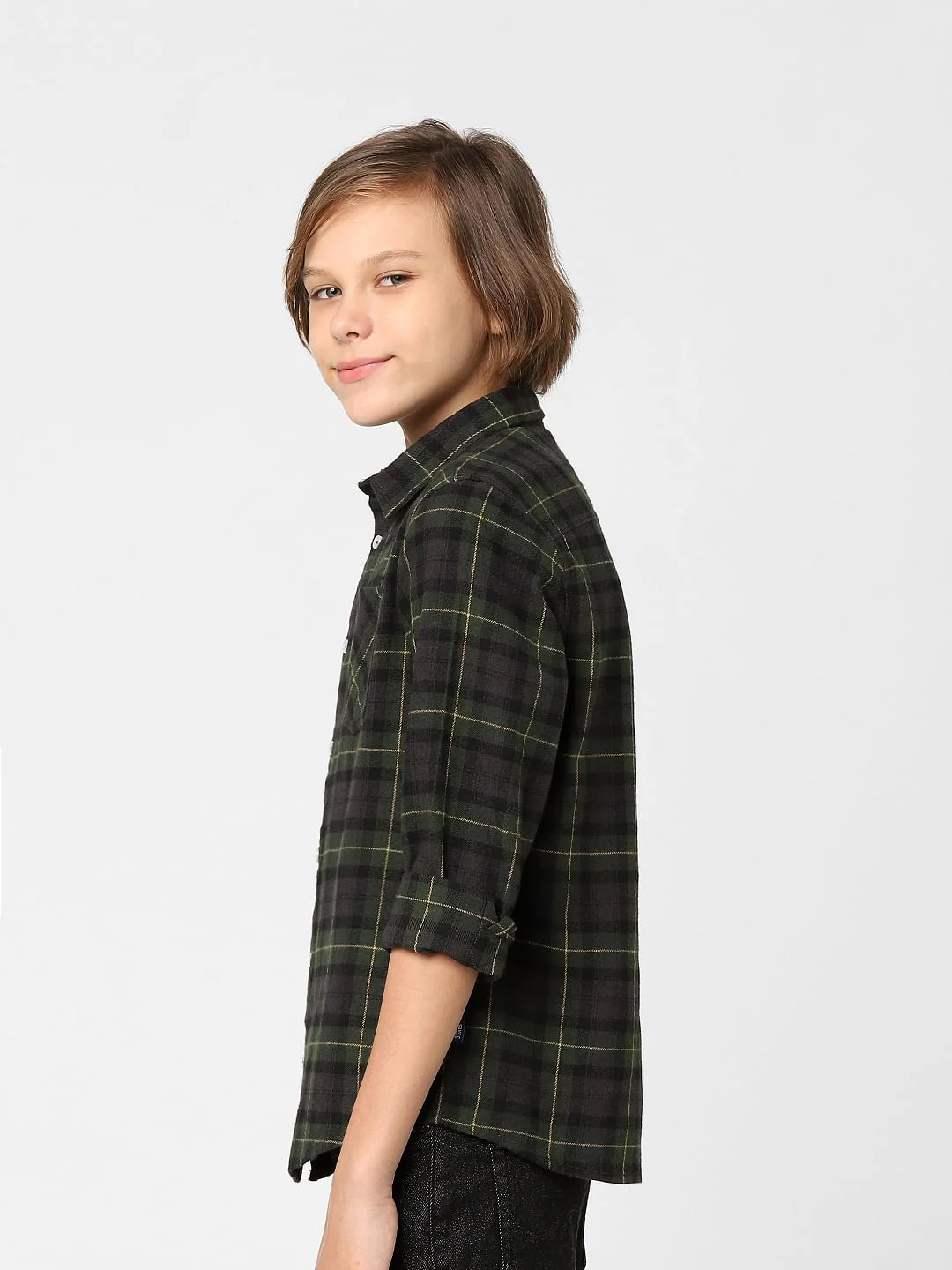 Boys Dark Green Check Full Sleeves Shirt - Image 3