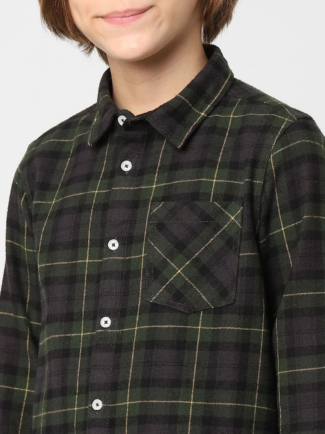 Boys Dark Green Check Full Sleeves Shirt - Image 5