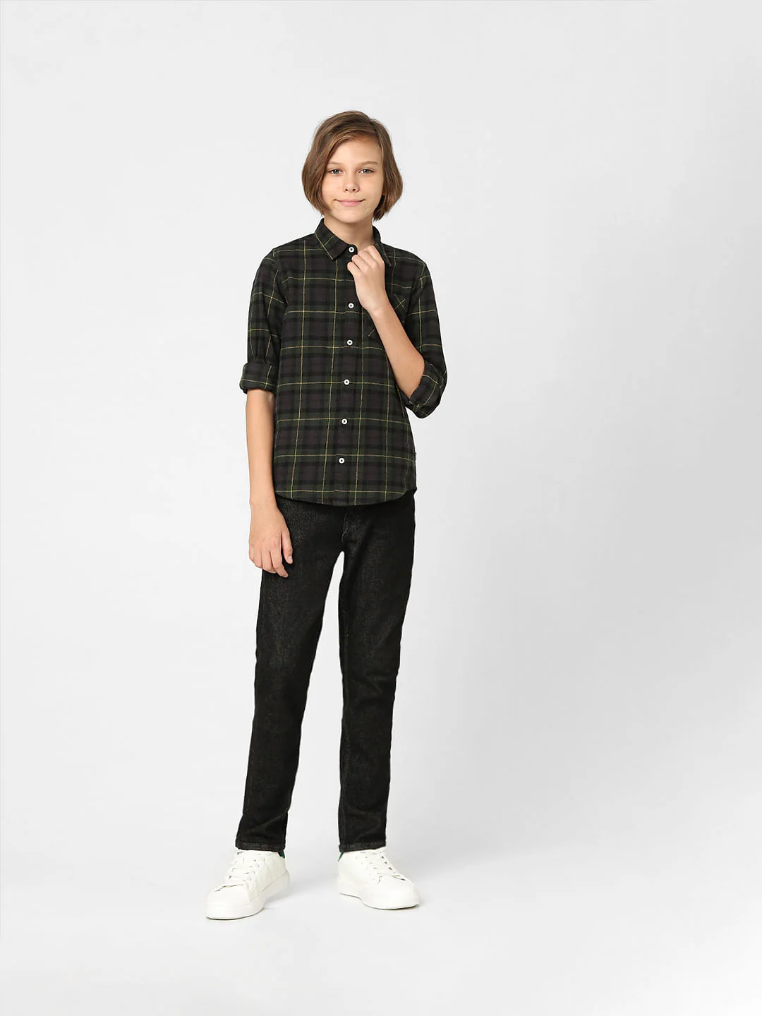 Boys Dark Green Check Full Sleeves Shirt - Image 6
