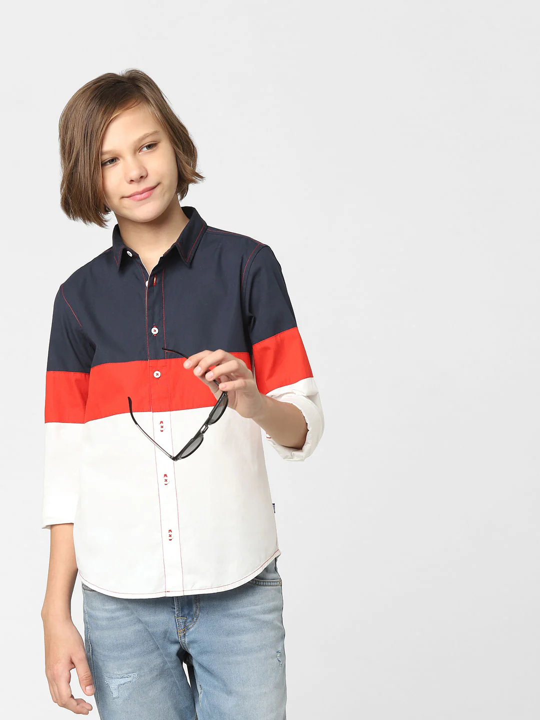 Boys White Colourblocked Full Sleeves Shirt