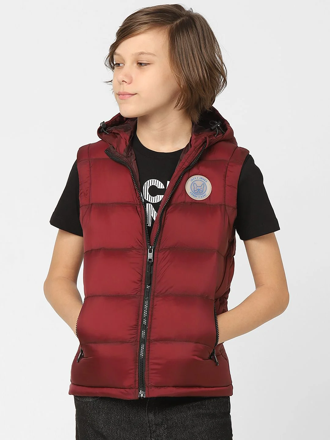 Boys Dark Red Hooded Puffer Jacket - Image 2