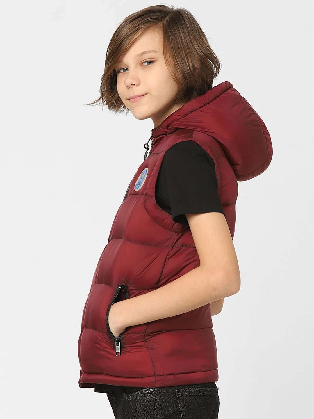 Boys Dark Red Hooded Puffer Jacket - Image 3