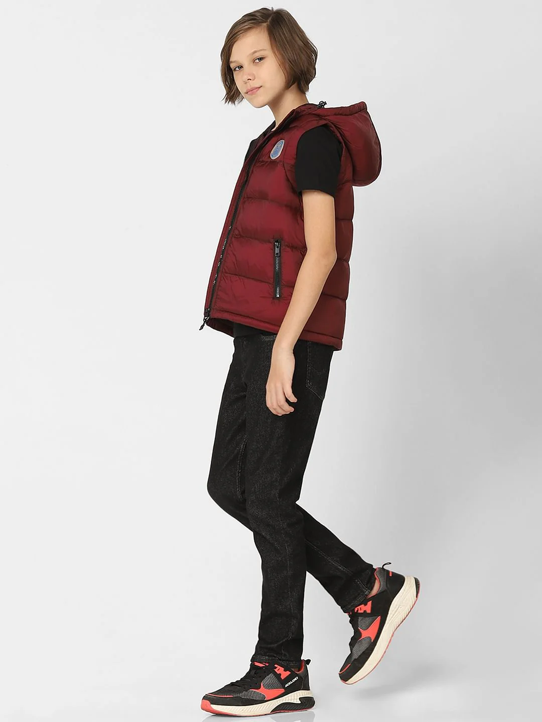 Boys Dark Red Hooded Puffer Jacket - Image 6