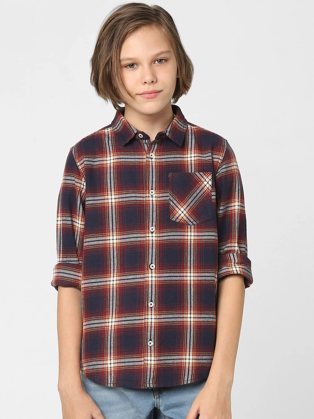 Boys Red Check Full Sleeves Shirt - Image 2