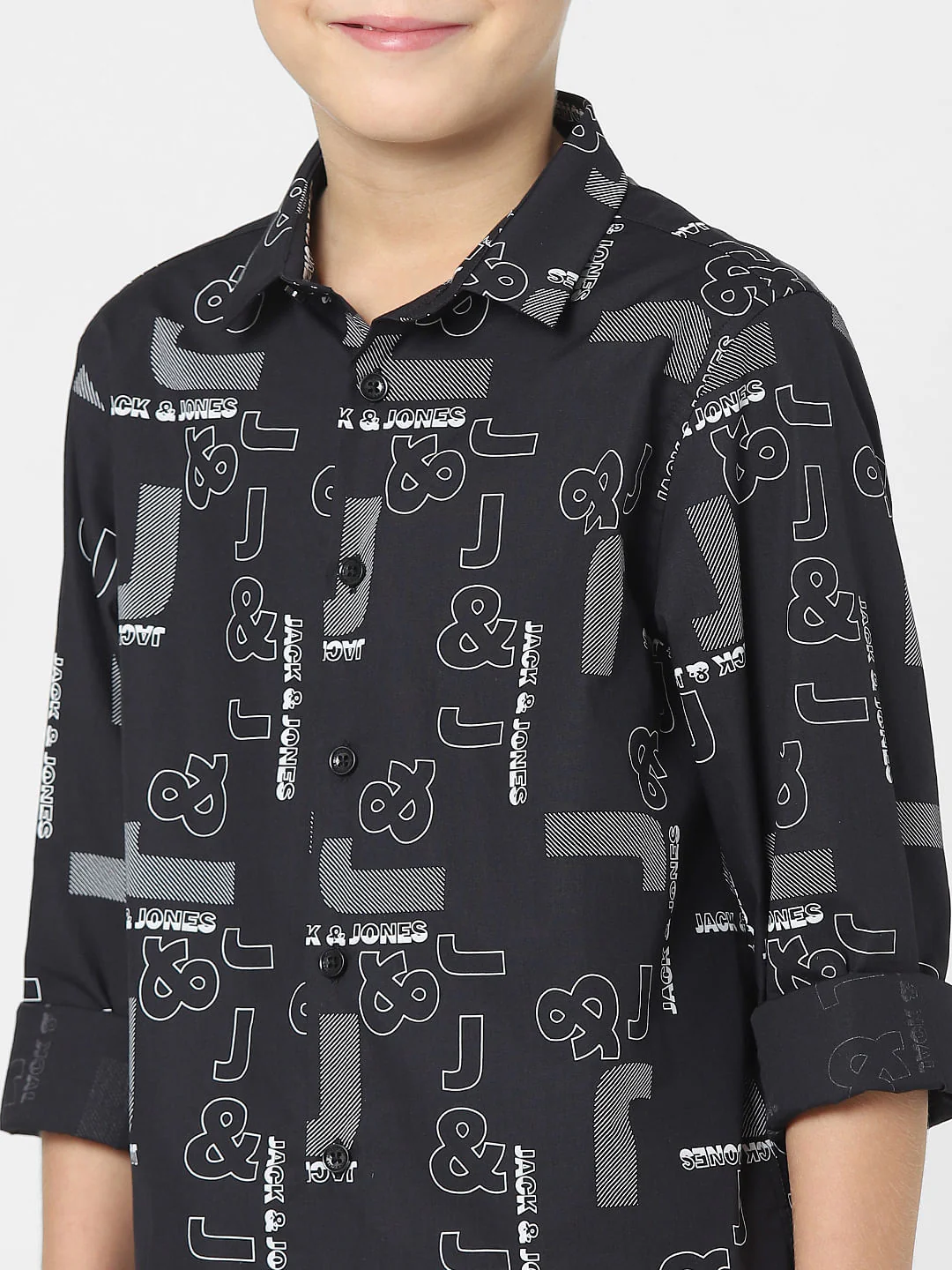 Boys Black Logo Print Full Sleeves Shirt - Image 5