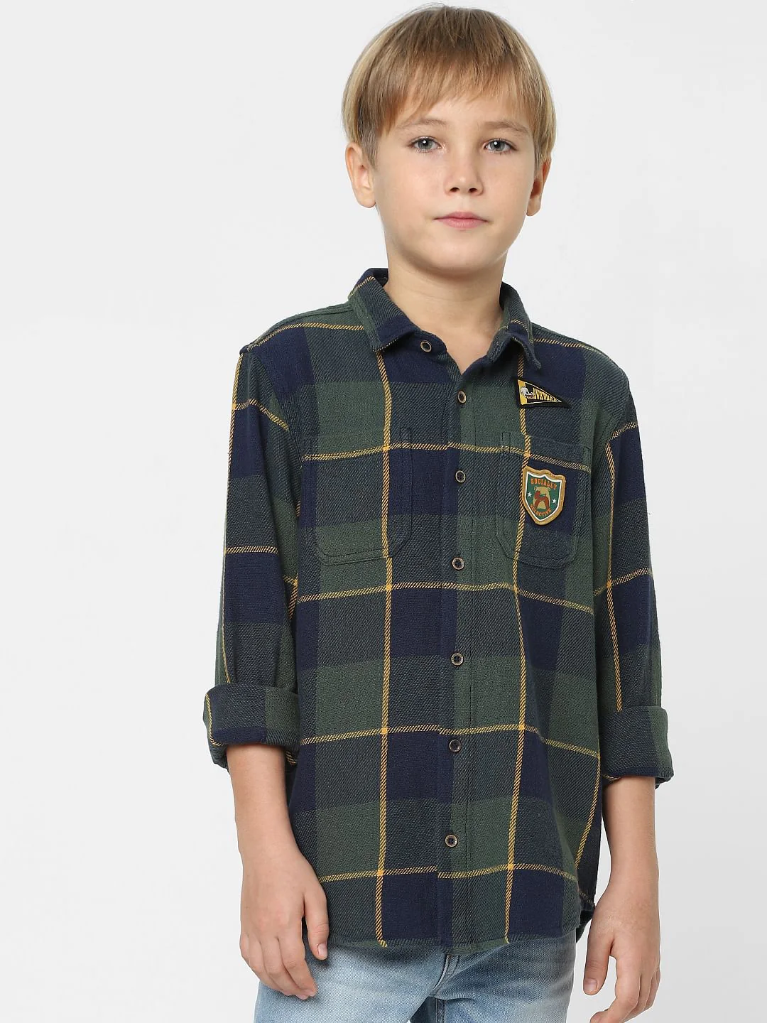 Boys Green Check Print Full Sleeves Shirt - Image 2