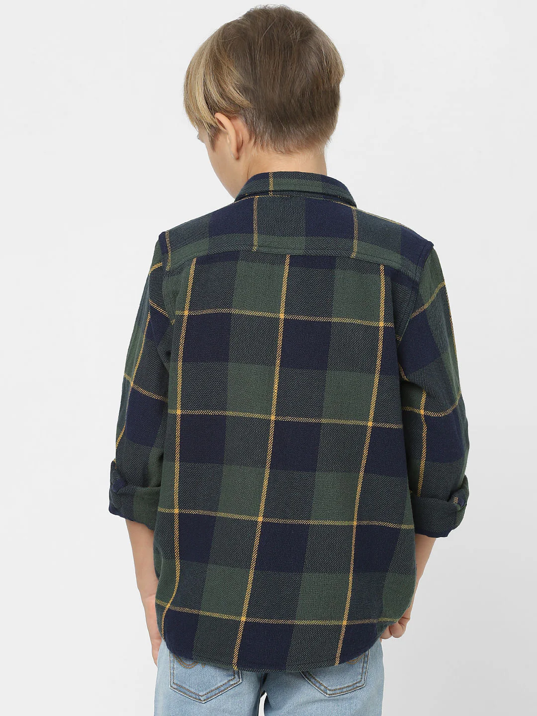 Boys Green Check Print Full Sleeves Shirt - Image 4