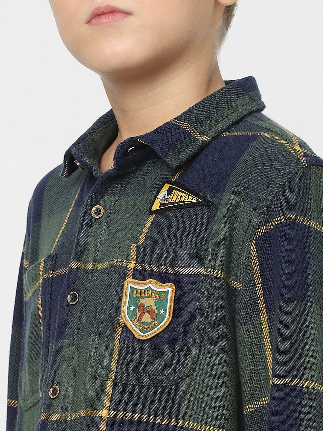 Boys Green Check Print Full Sleeves Shirt - Image 5