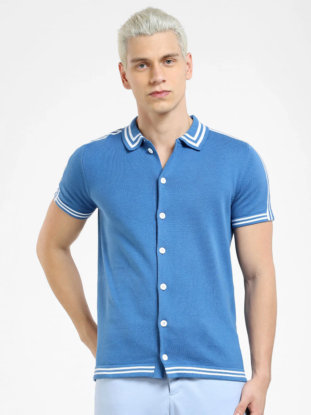 Blue Front Open Knit Polo T-shirt - Image 2