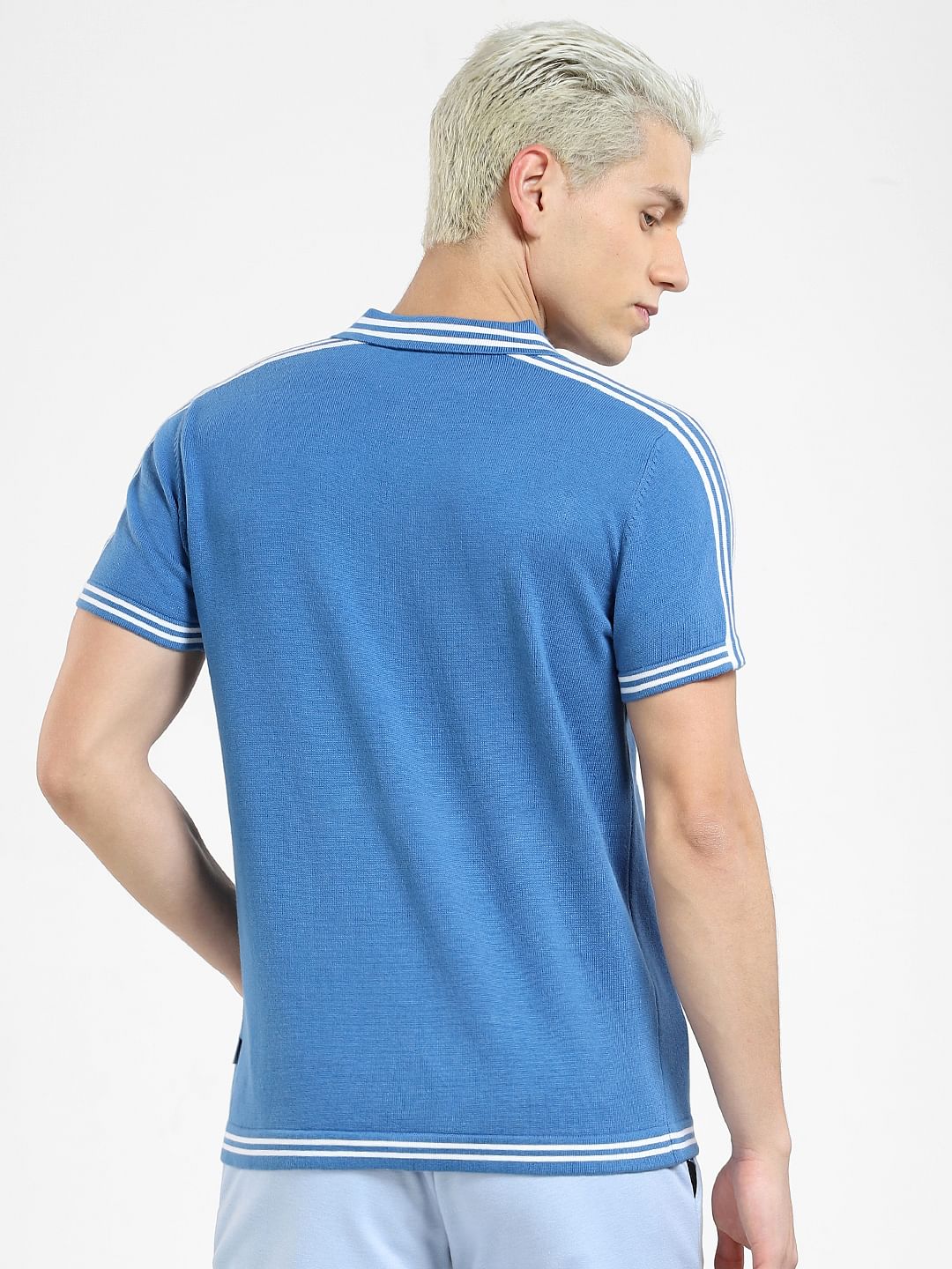 Blue Front Open Knit Polo T-shirt - Image 4