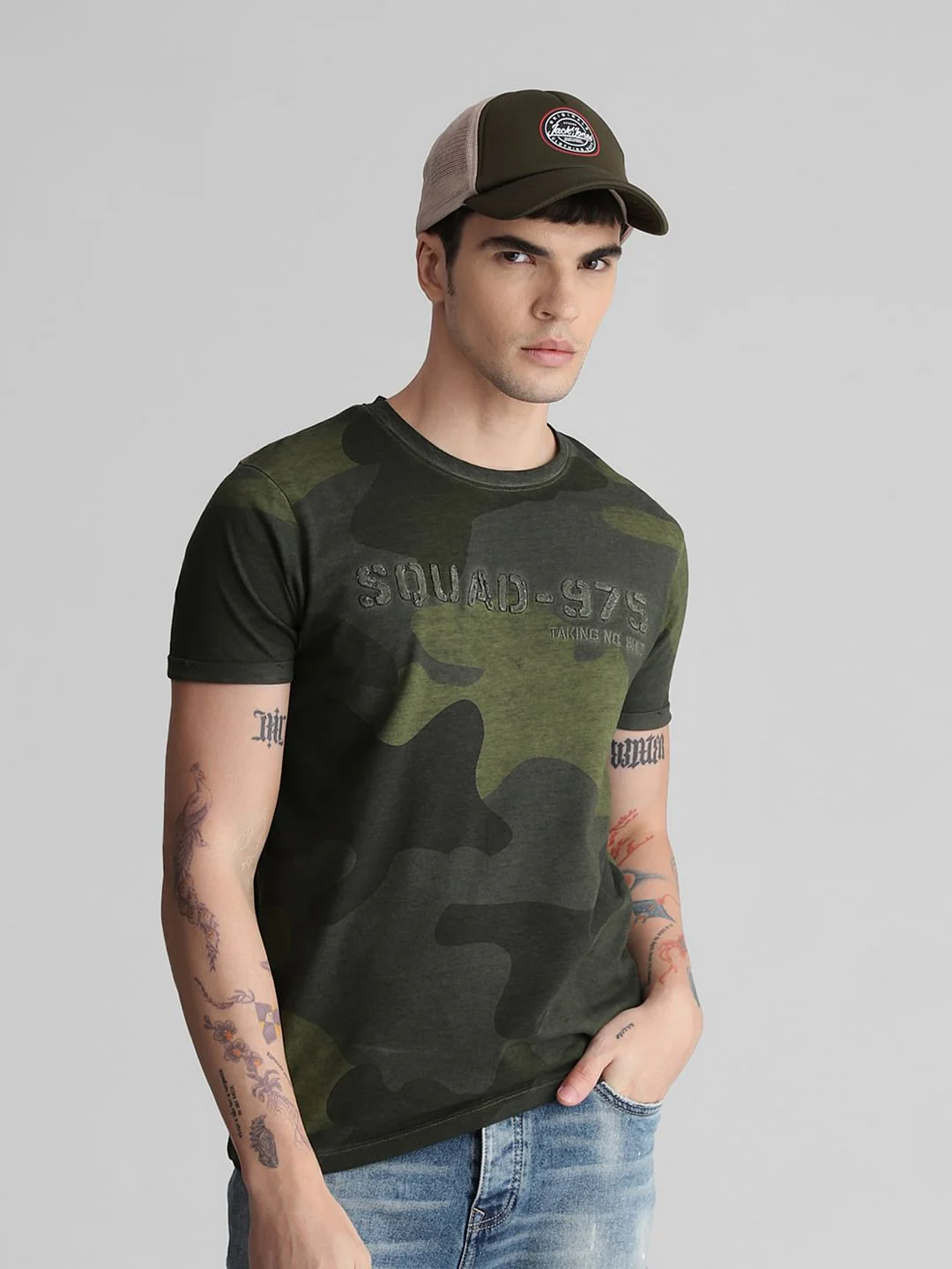 Green Camo Print Crew Neck T-shirt