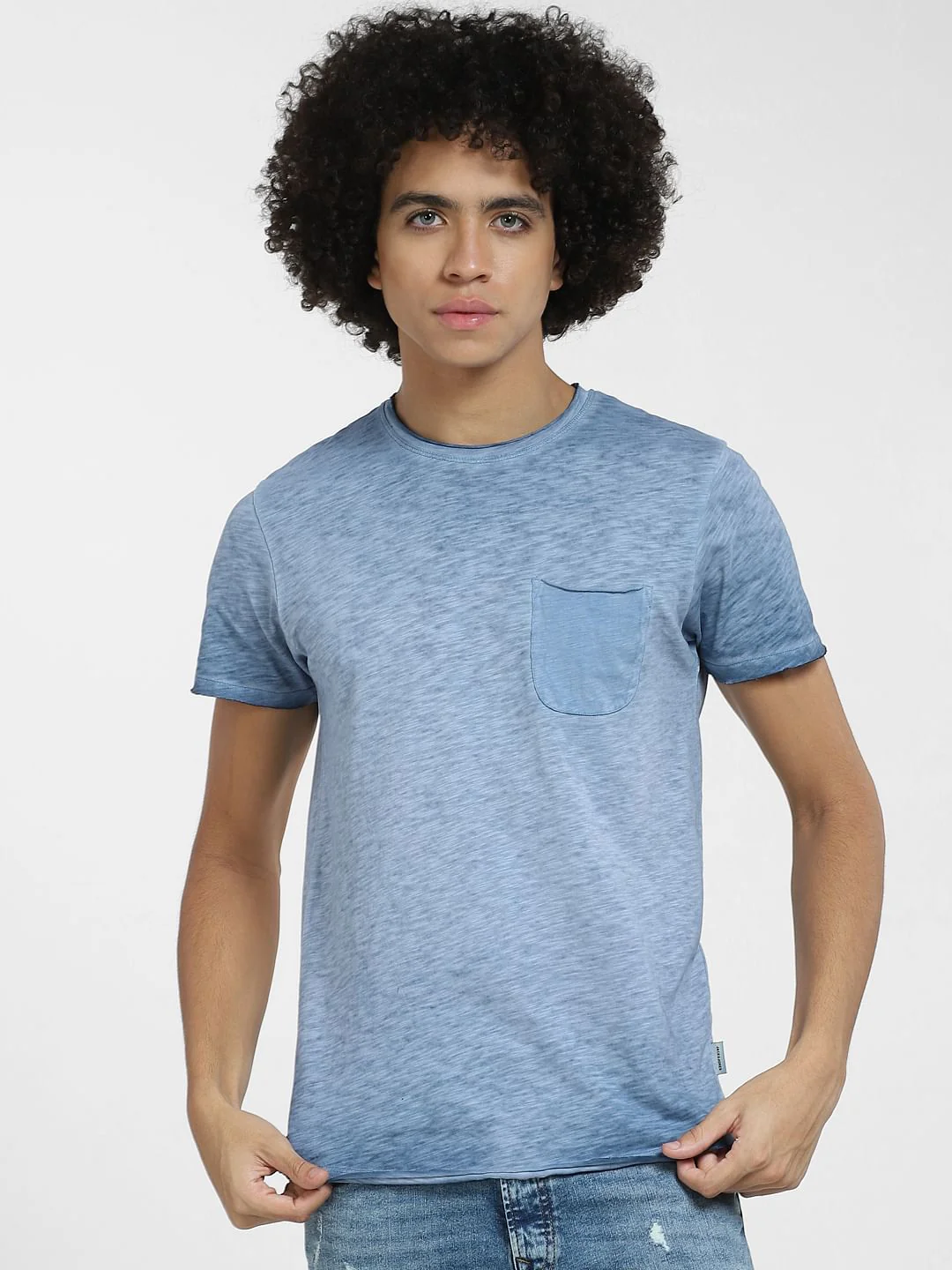 Blue Raw Edge Crew Neck T-shirt - Image 2