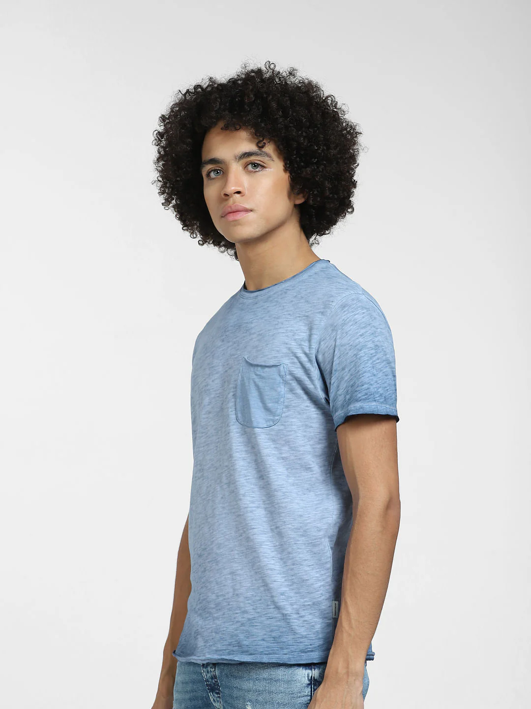 Blue Raw Edge Crew Neck T-shirt - Image 3