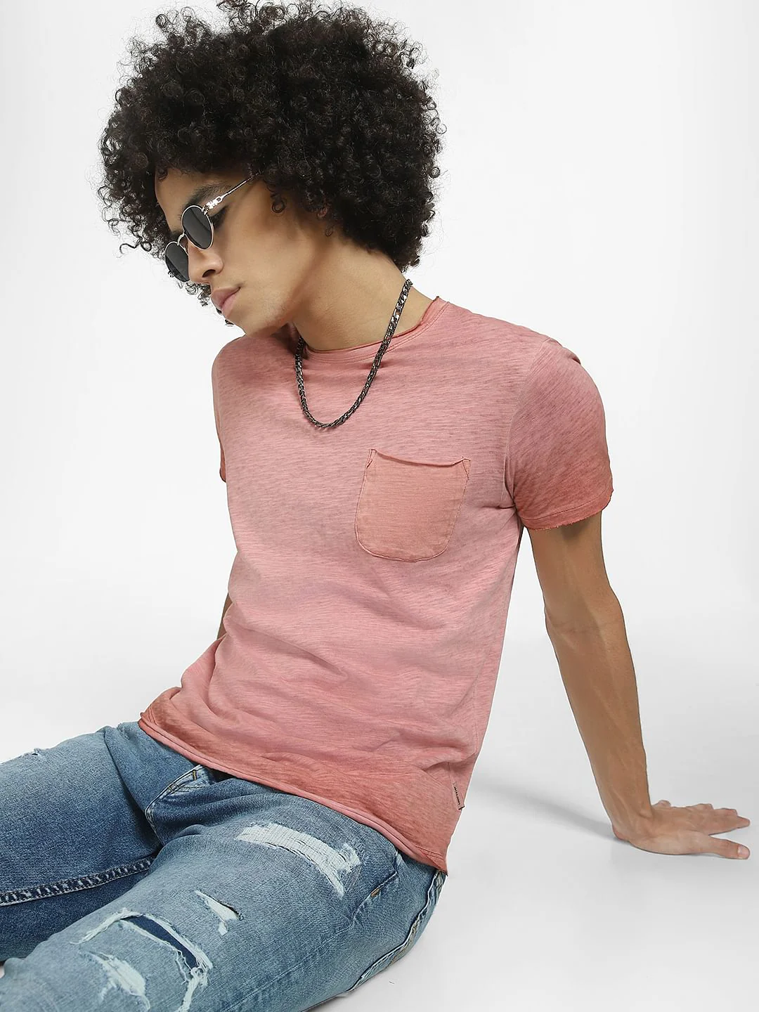 Red Raw Edge Crew Neck T-shirt