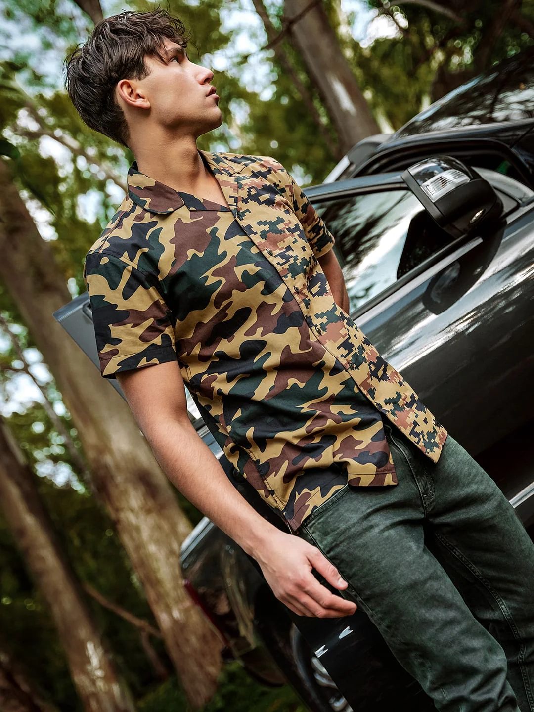 Brown Camo Print Short Sleeves Shirt