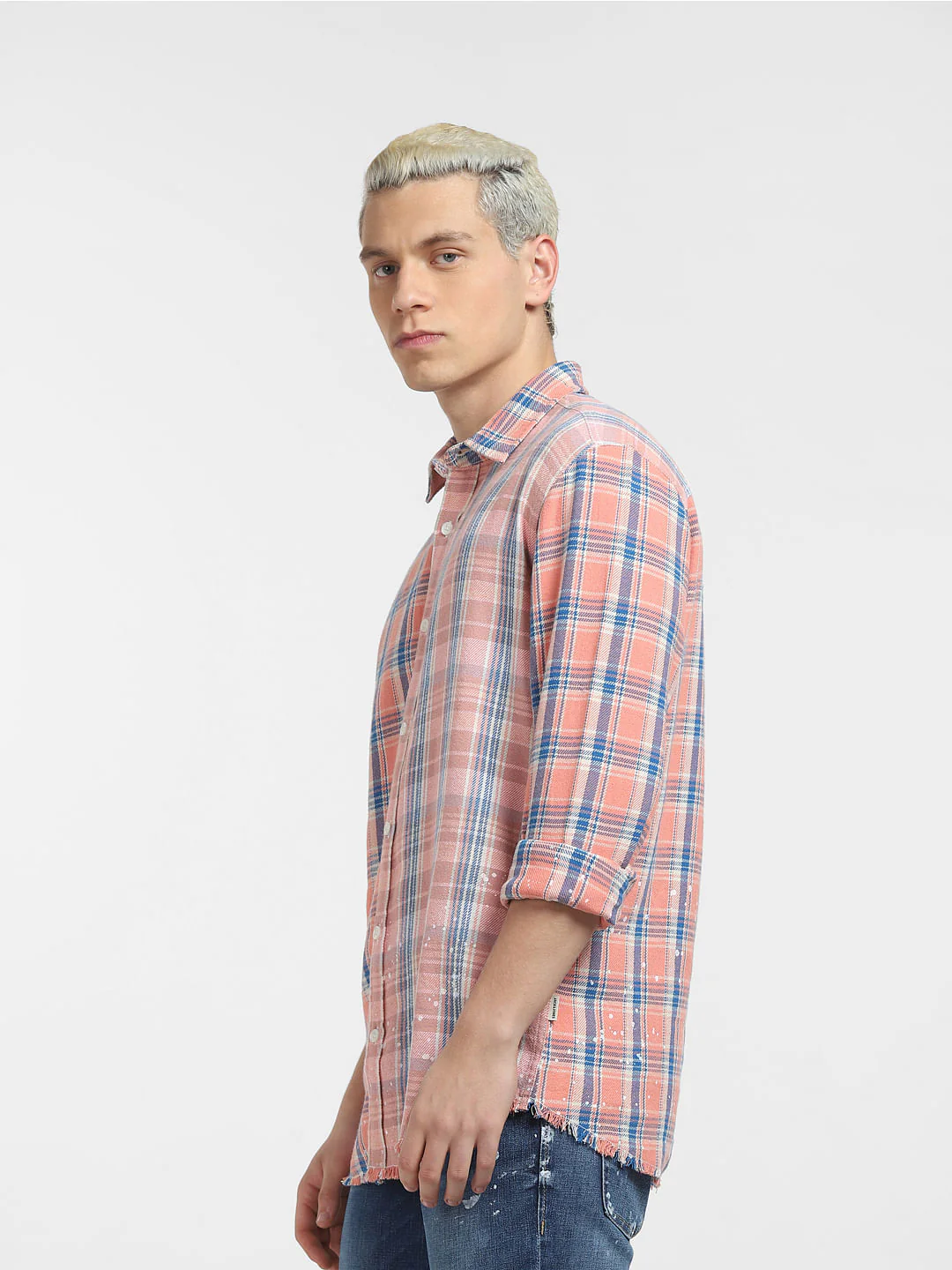 Peach Check Print Full Sleeves Shirt - Image 3