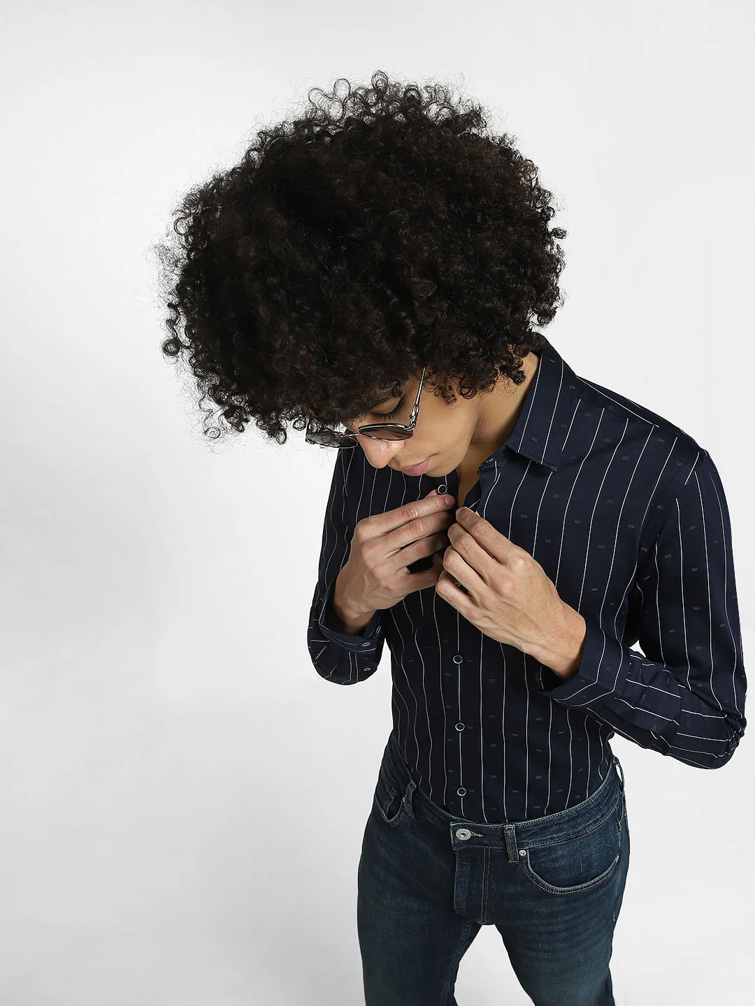 Navy Blue Striped Full Sleeves Shirt