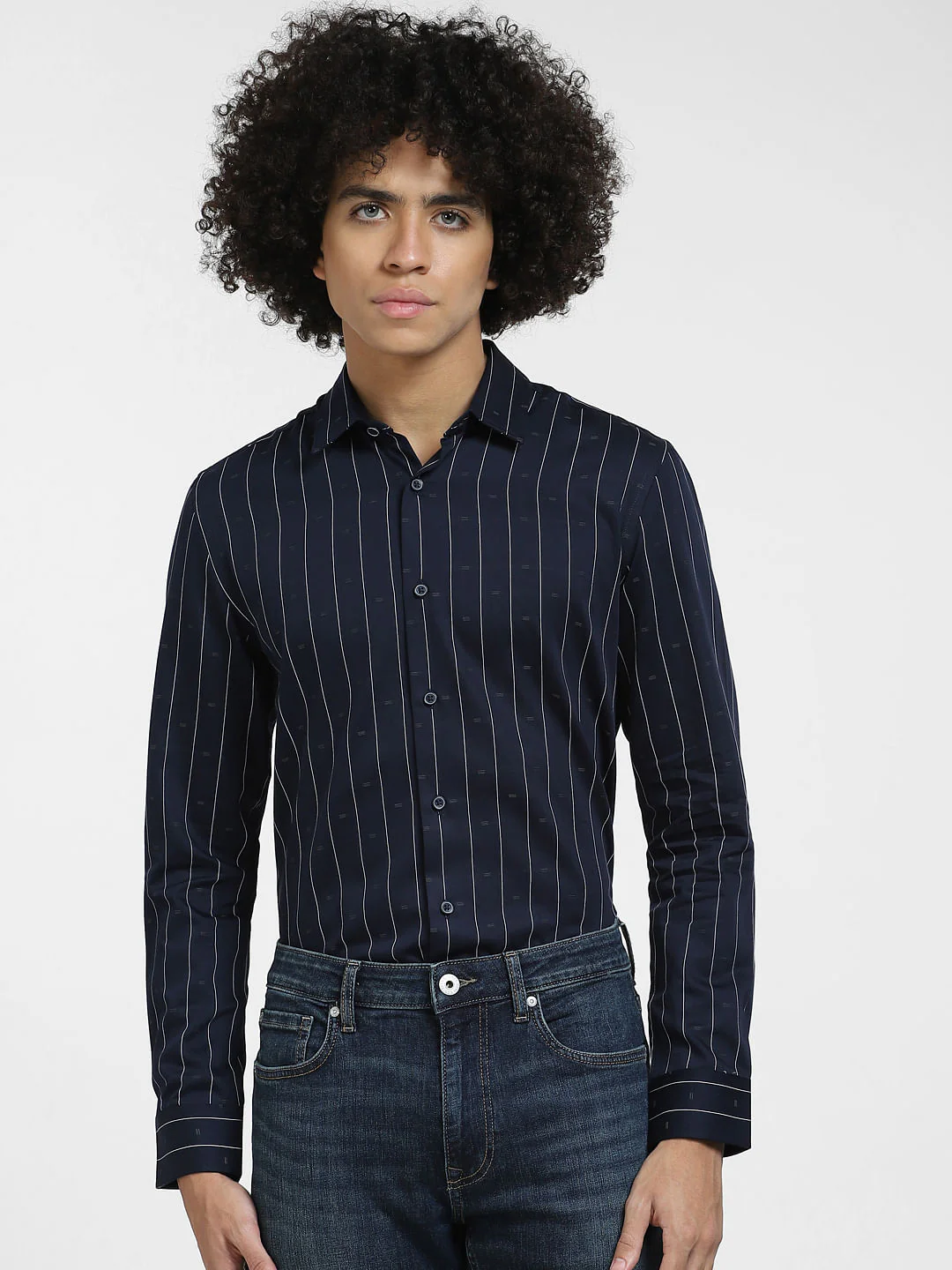 Navy Blue Striped Full Sleeves Shirt - Image 2