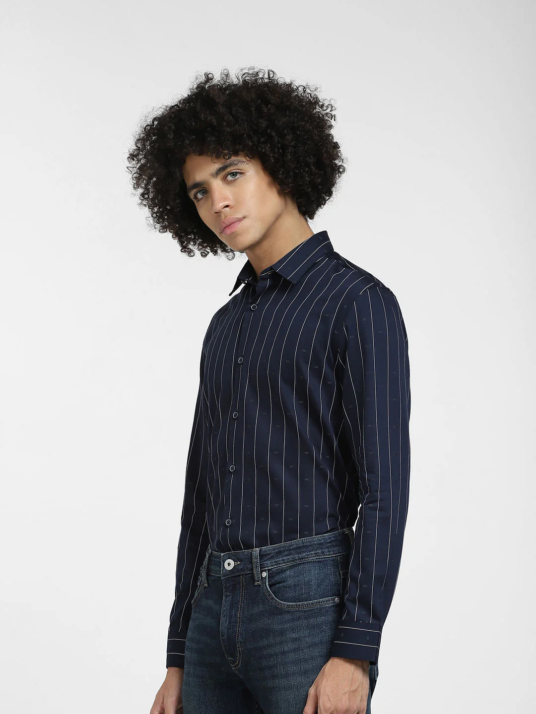 Navy Blue Striped Full Sleeves Shirt - Image 3