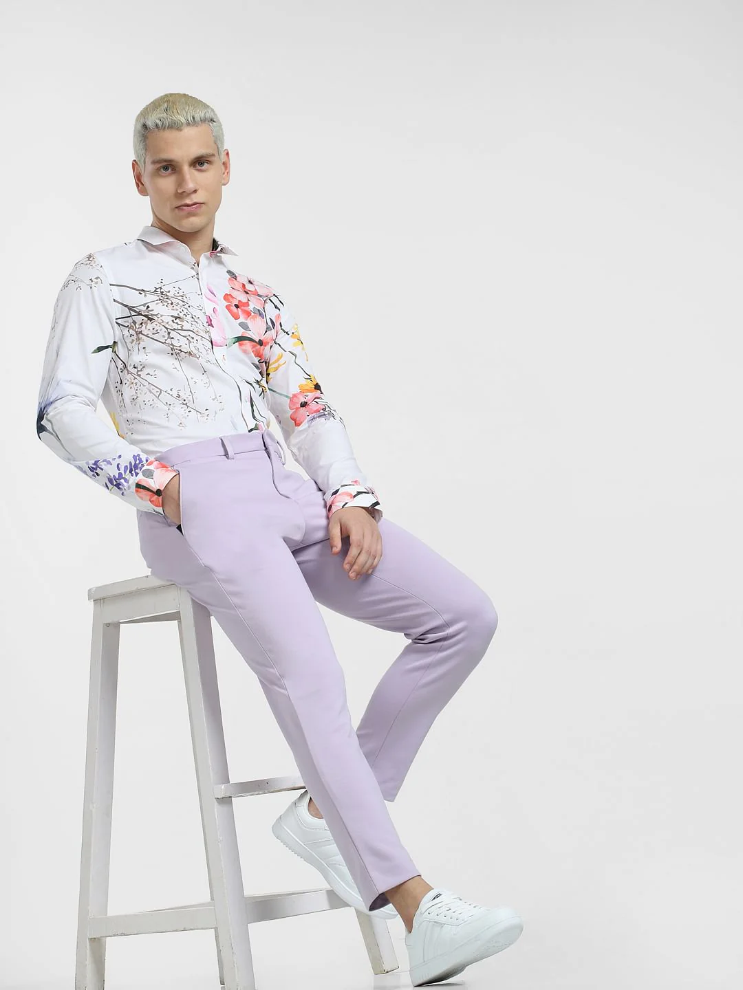 White Floral Print Full Sleeves Shirt