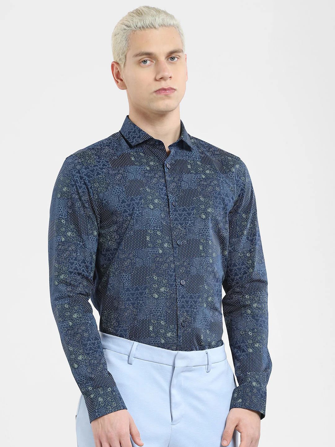 Dark Blue Printed Full Sleeves Shirt - Image 2