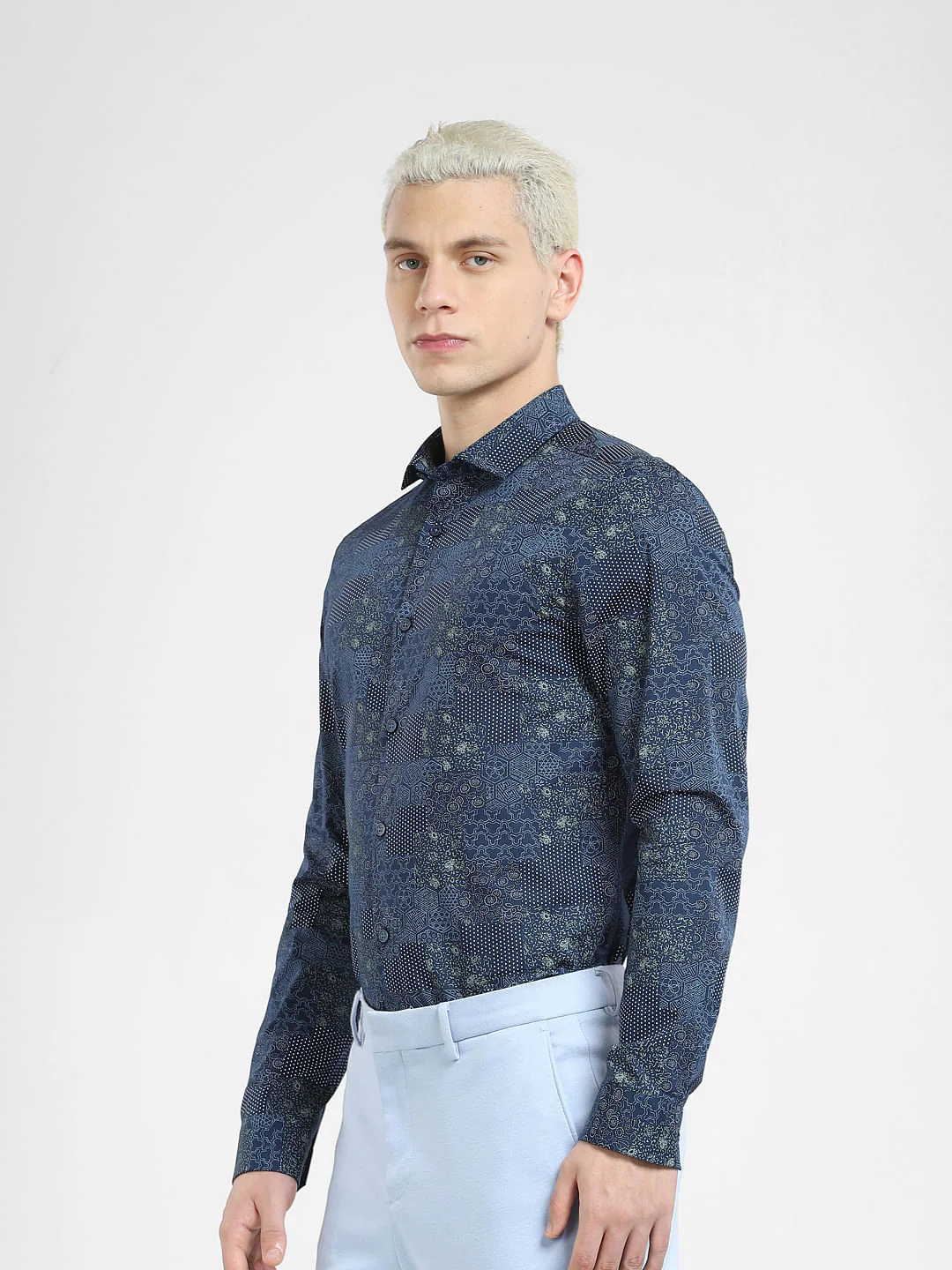 Dark Blue Printed Full Sleeves Shirt - Image 3