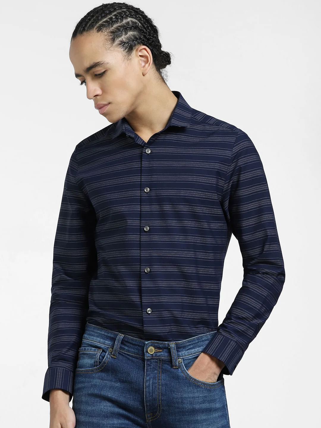 Navy Blue Striped Full Sleeves Shirt - Image 2