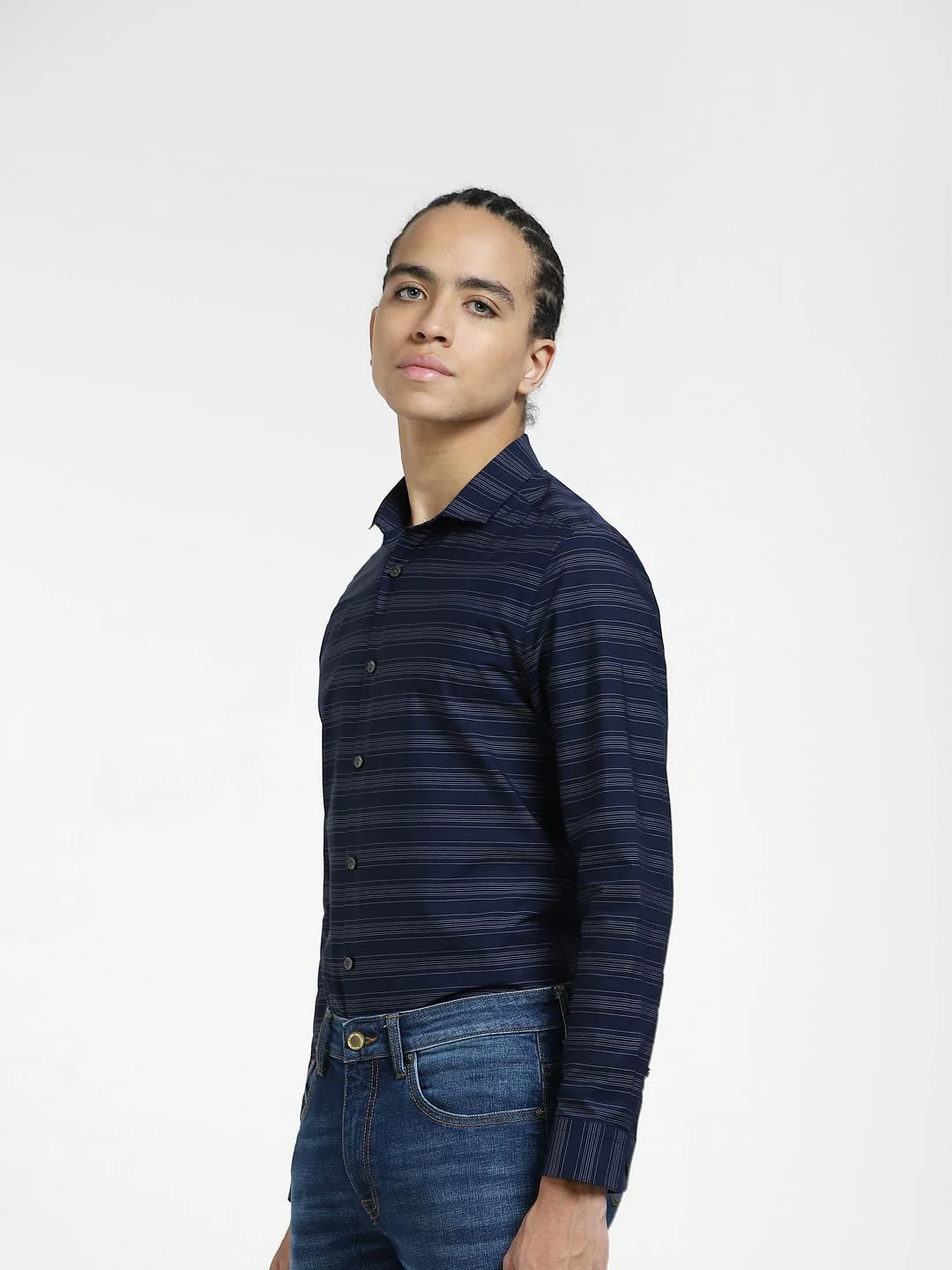 Navy Blue Striped Full Sleeves Shirt - Image 3
