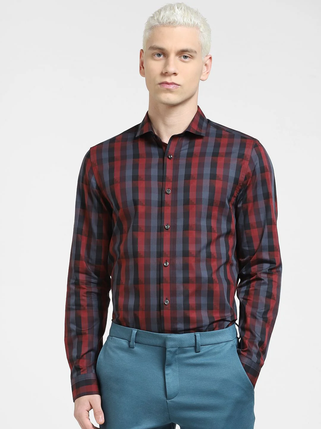 Dark Red Check Full Sleeves Shirt - Image 2