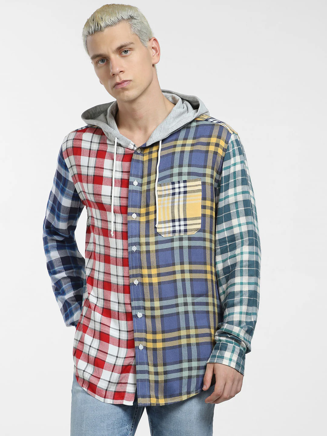 METAVERSE Blue Check Hooded Full Sleeves Shirt - Image 2