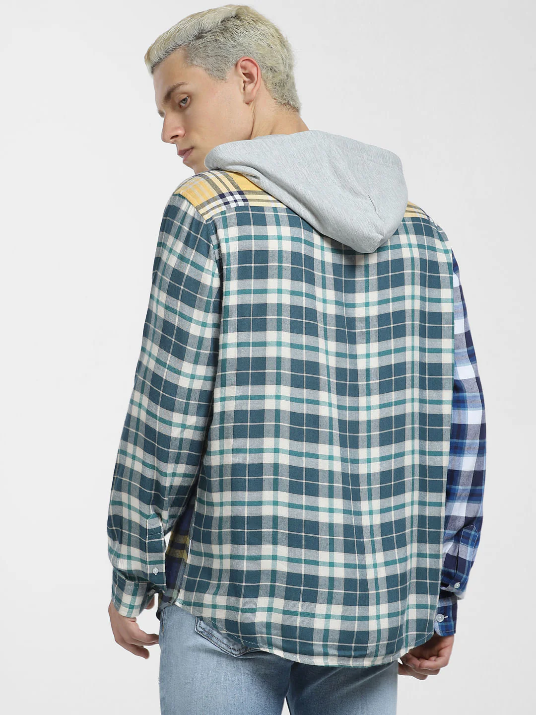 METAVERSE Blue Check Hooded Full Sleeves Shirt - Image 4