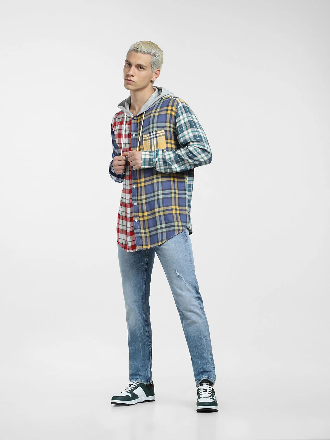 METAVERSE Blue Check Hooded Full Sleeves Shirt - Image 6