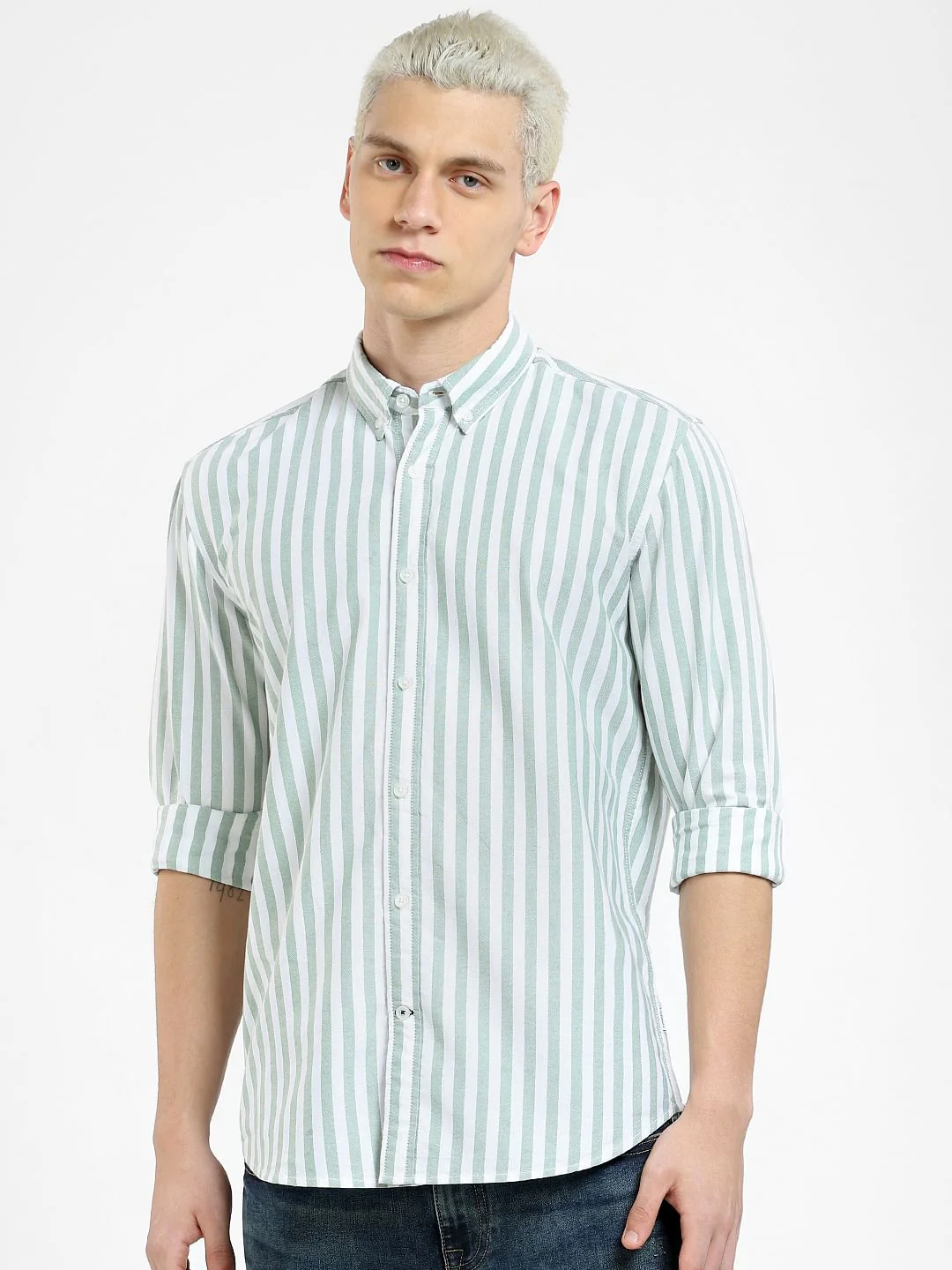 Green Striped Full Sleeves Shirt - Image 2