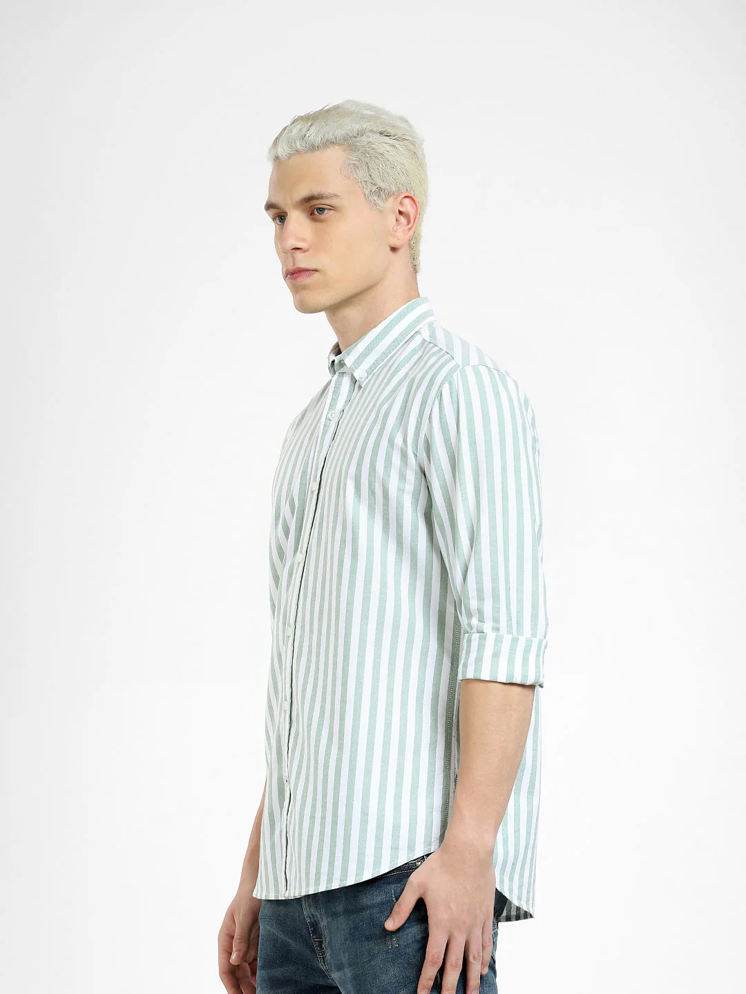 Green Striped Full Sleeves Shirt - Image 3
