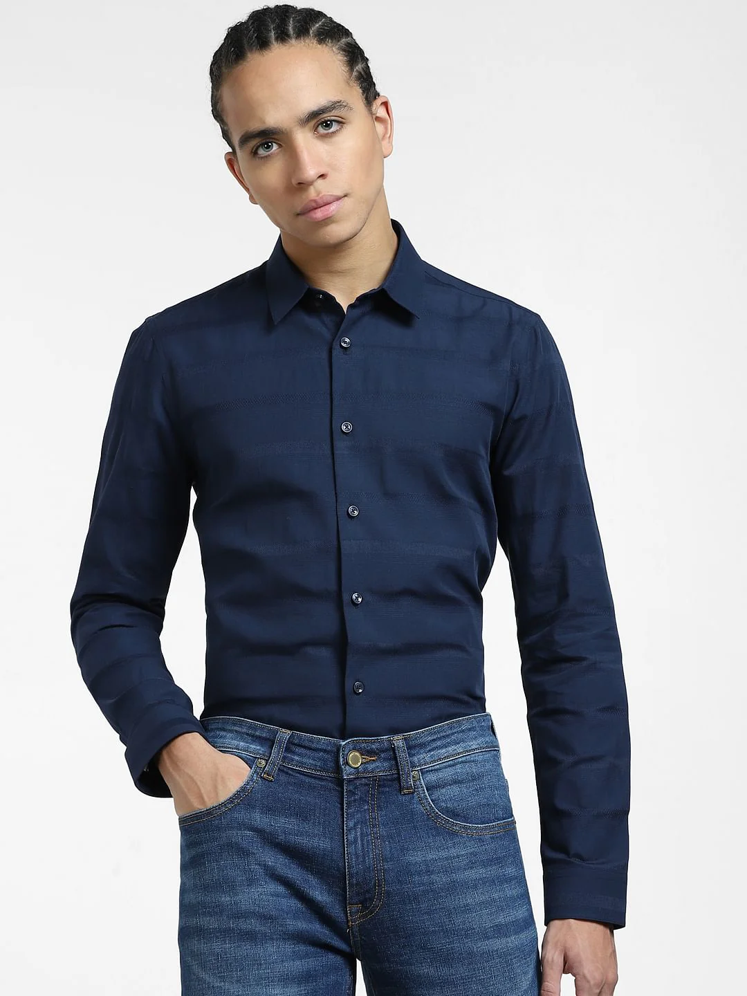 Navy Blue Striped Full Sleeves Shirt - Image 2