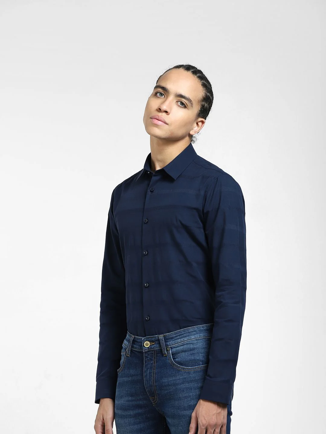 Navy Blue Striped Full Sleeves Shirt - Image 3