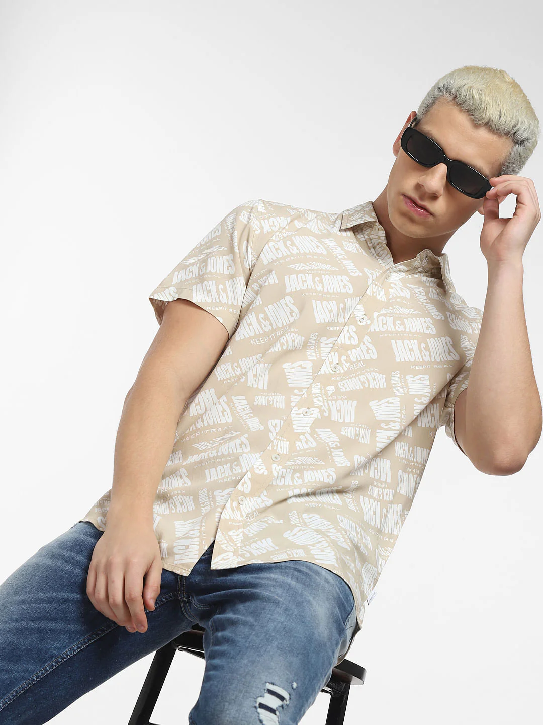 Beige Logo Print Short Sleeves Shirt