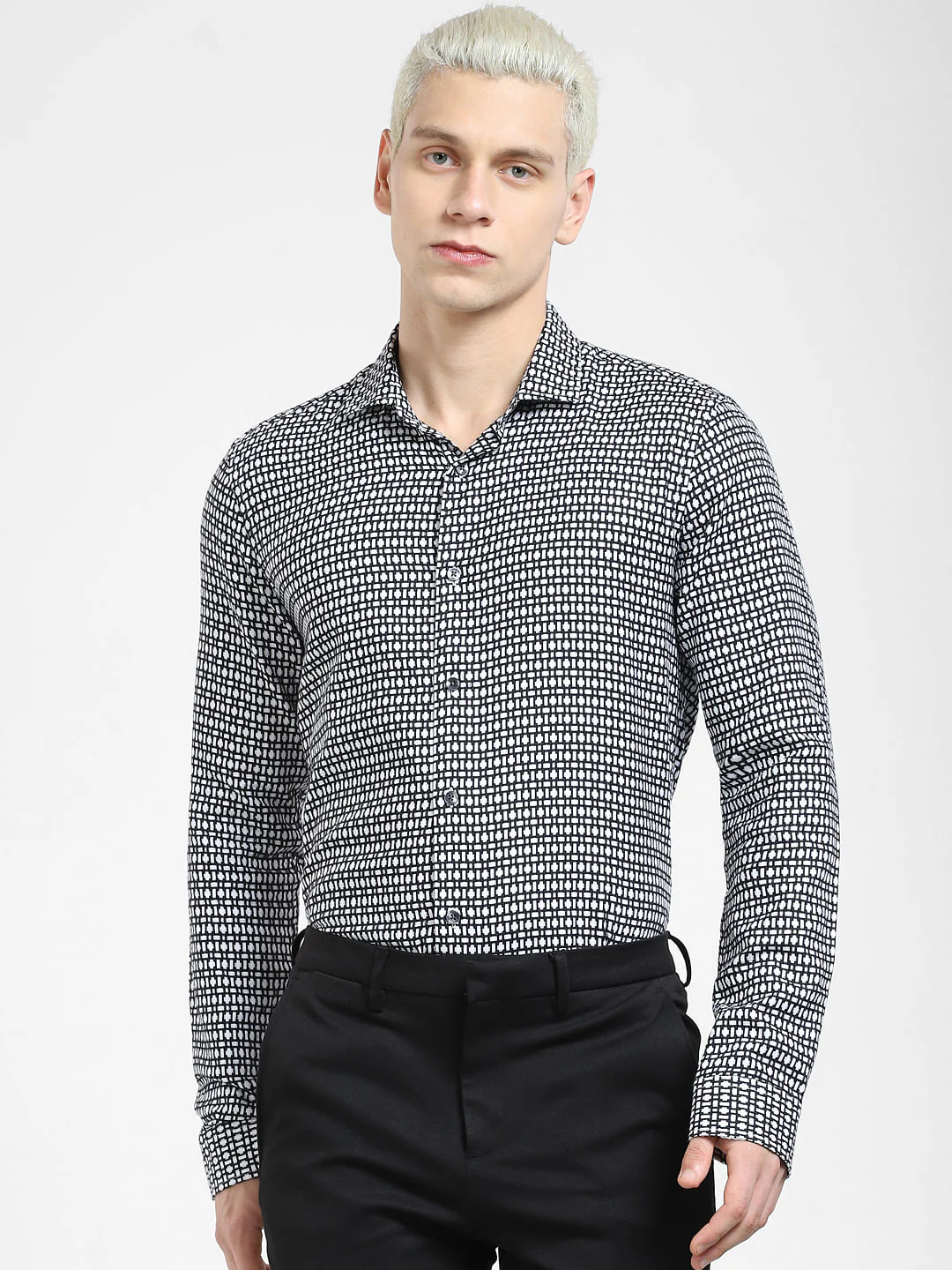White & Black Printed Full Sleeves Shirt - Image 2