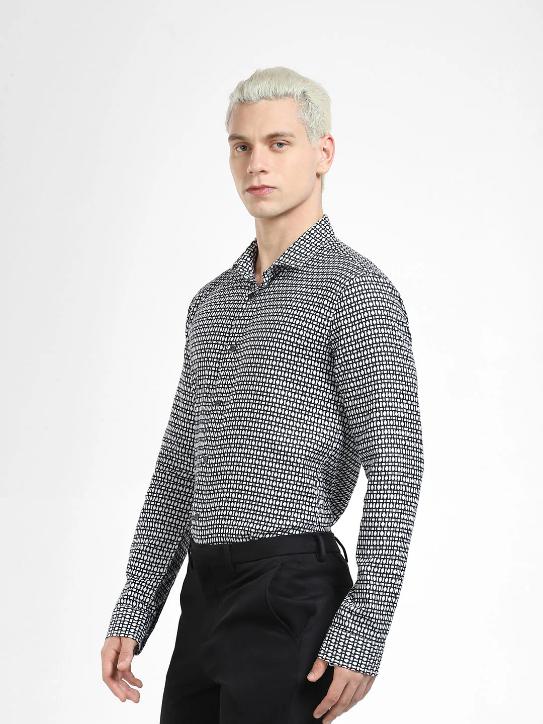 White & Black Printed Full Sleeves Shirt - Image 3
