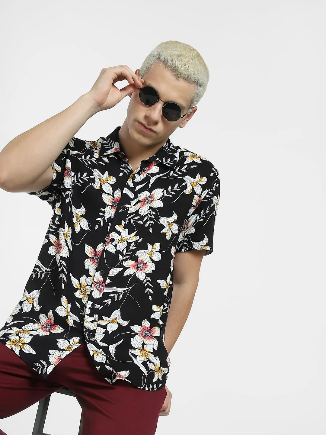 Black Floral Print Short Sleeves Shirt