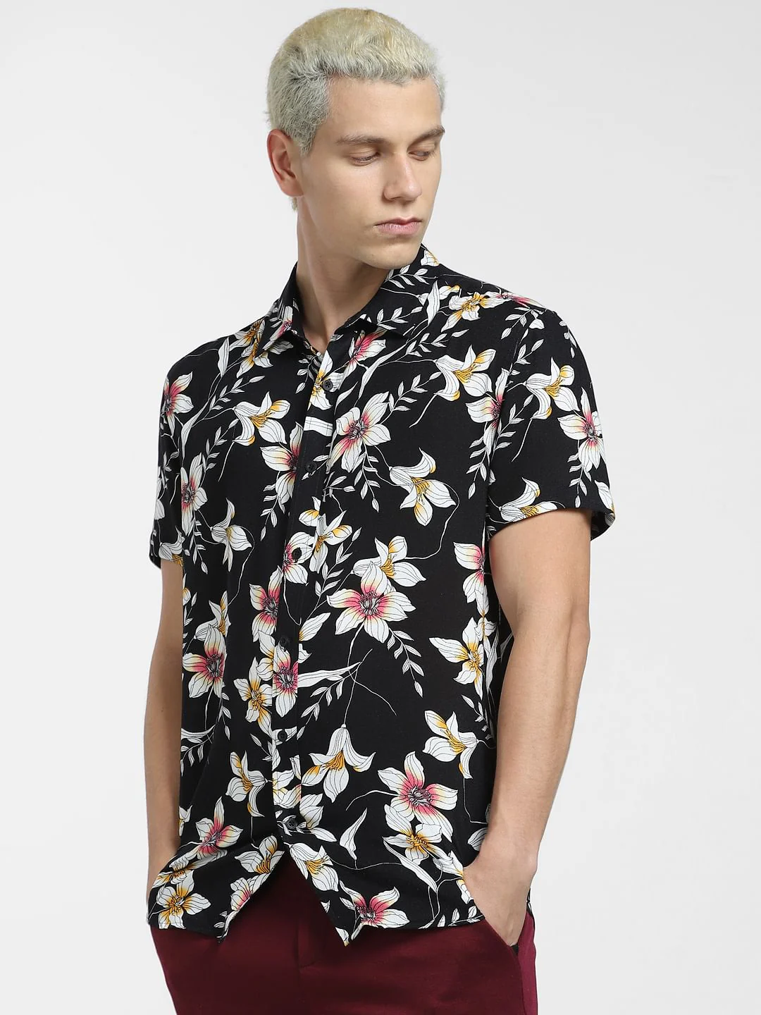Black Floral Print Short Sleeves Shirt - Image 2