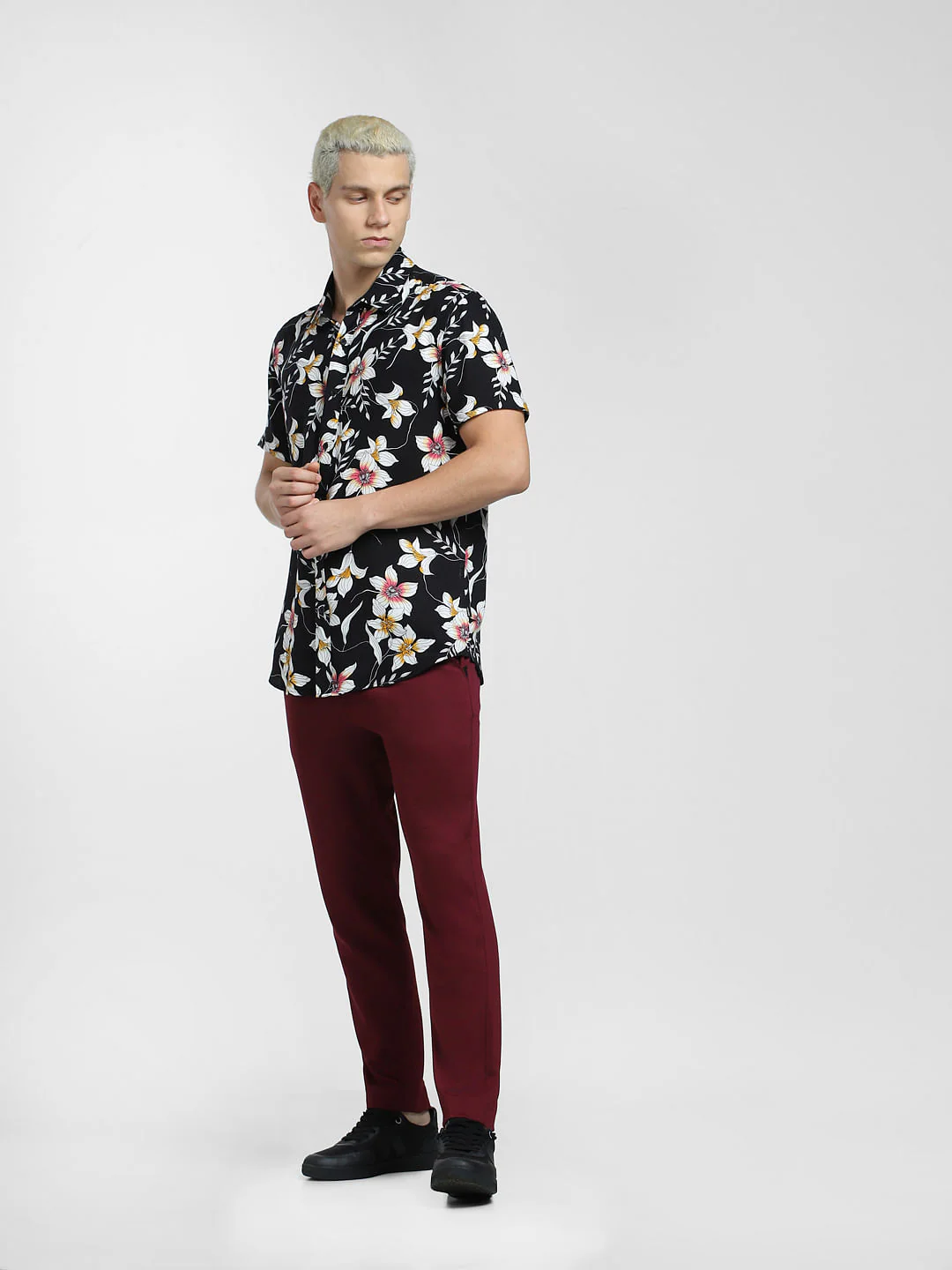Black Floral Print Short Sleeves Shirt - Image 6