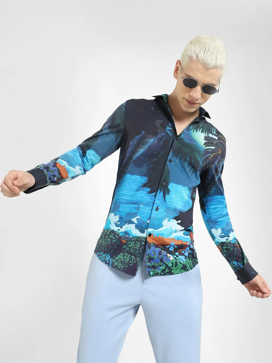 Blue Printed Full Sleeves Shirt