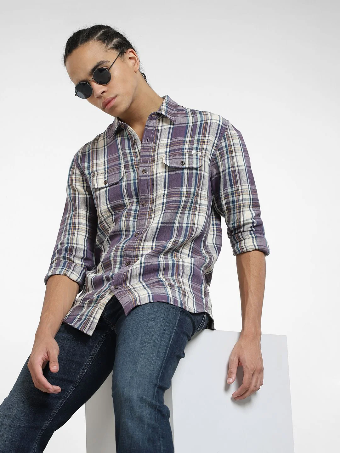 Purple Check Linen Full Sleeves Shirt