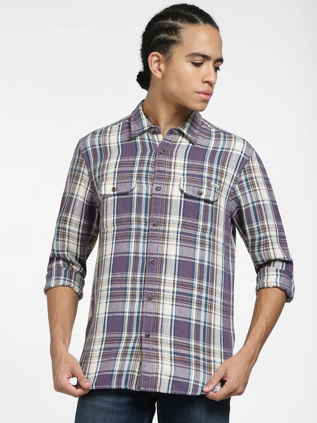 Purple Check Linen Full Sleeves Shirt - Image 2