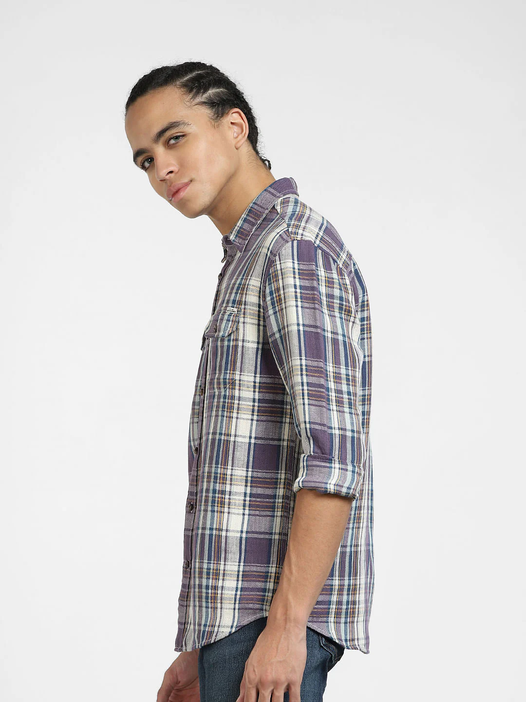 Purple Check Linen Full Sleeves Shirt - Image 3