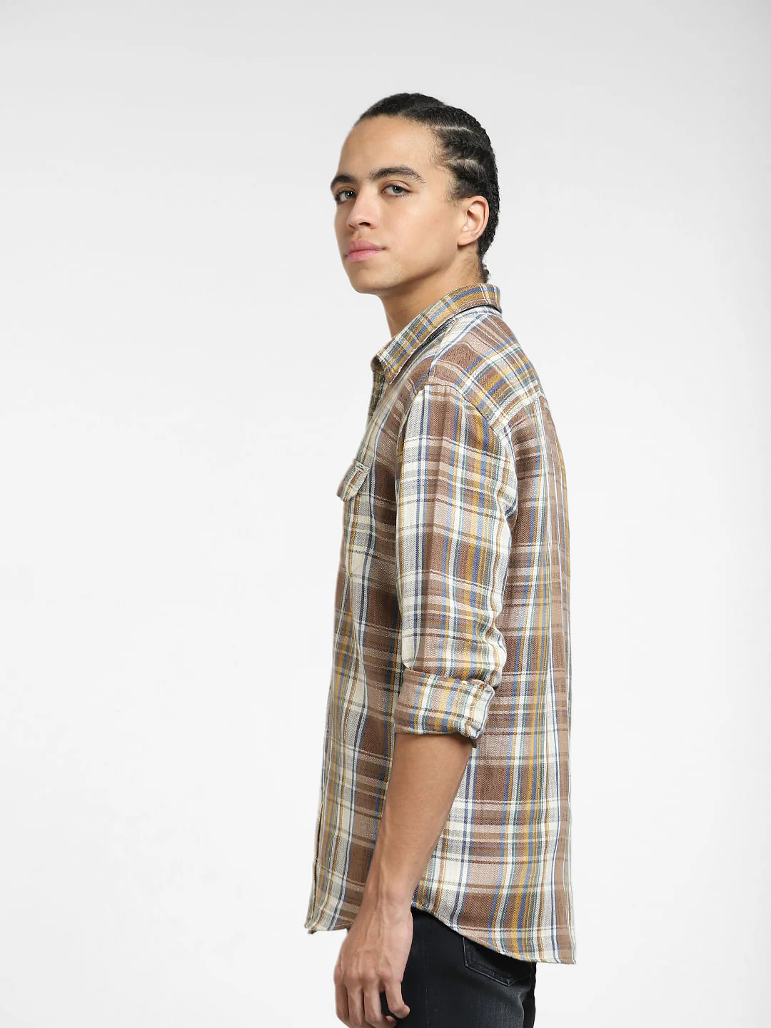 Brown Check Linen Full Sleeves Shirt - Image 3